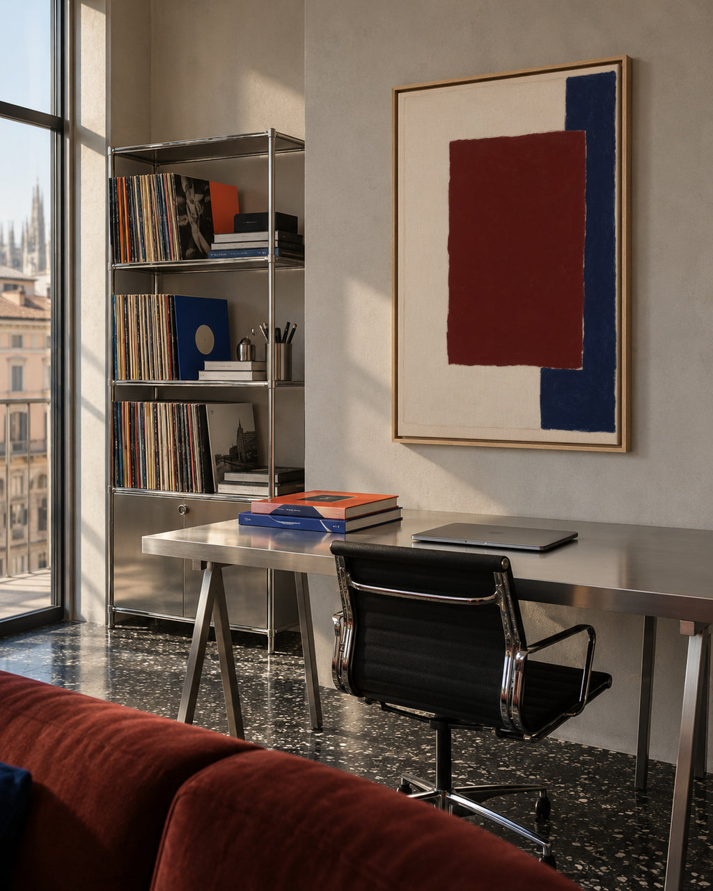 Burgundy Corner III - Framed canvas in an interior