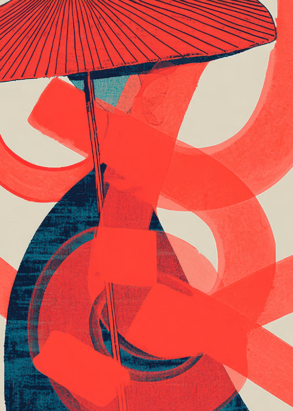 Cuadro abstracto con remolinos rojos y gesto vertical