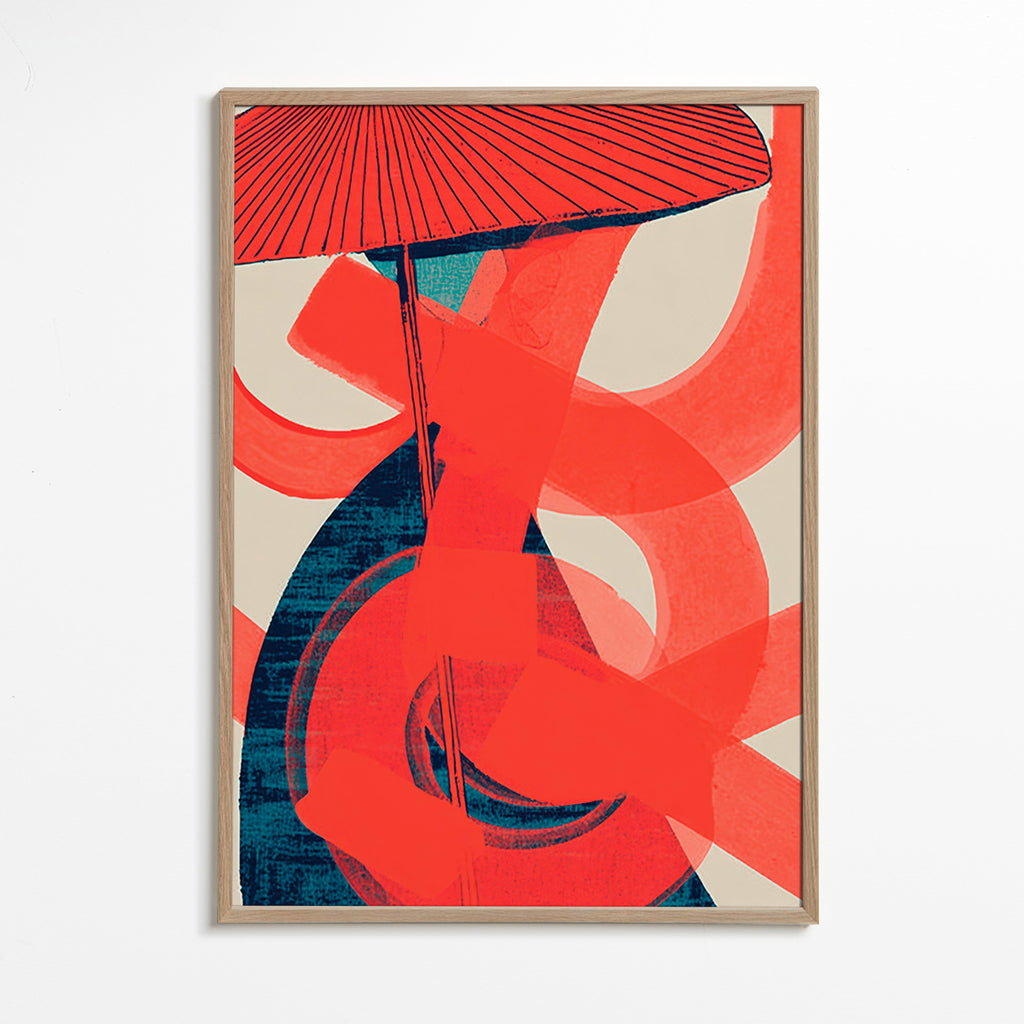 Cuadro abstracto con remolinos rojos y gesto vertical – Oak Frame