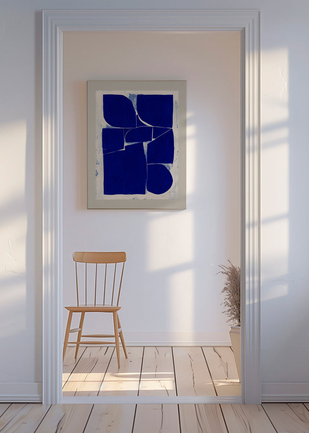 Cuadro geométrico azul índigo con bloques orgánicos – Canvas