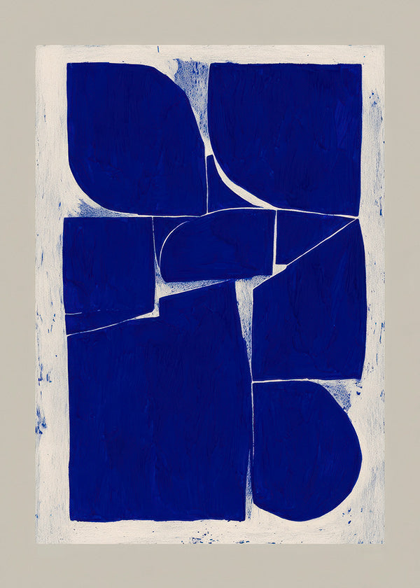 Cuadro geométrico azul índigo con bloques orgánicos