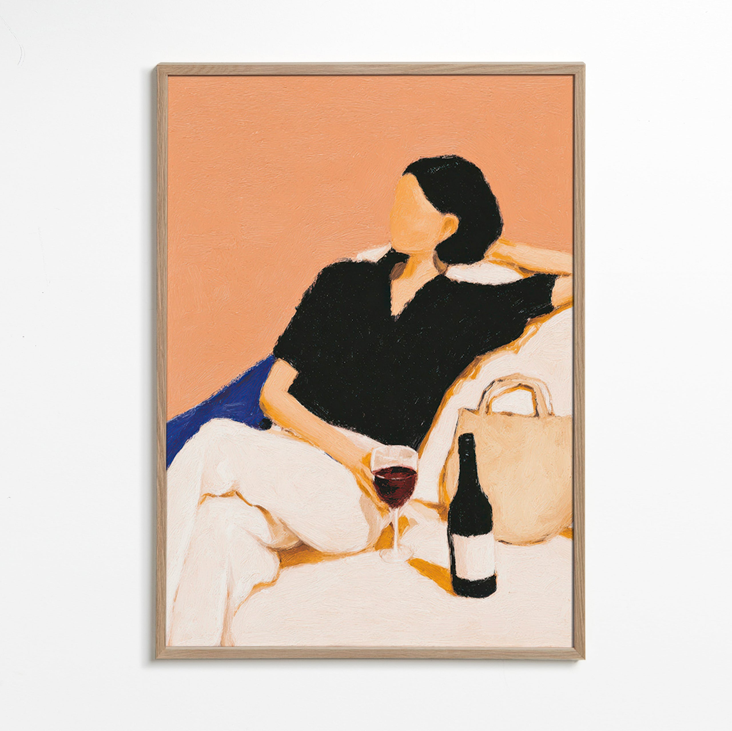 Cuadro de cocina con figura relajada y copa de vino – Oak Frame