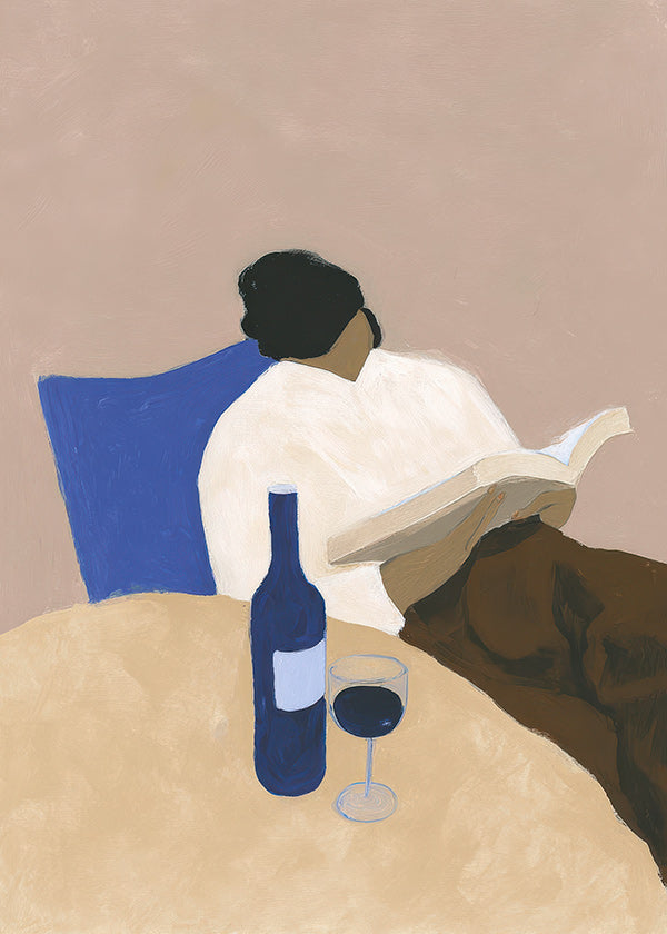 Cuadro de cocina con lectora y copa de vino