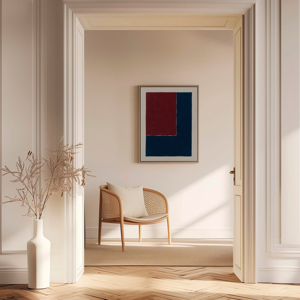 Cuadro geométrico con bloques burdeos y azul – Canvas1