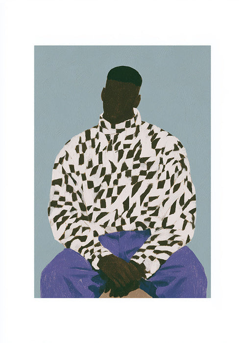 Ilustración figura con camiseta estampada y pantalón morado