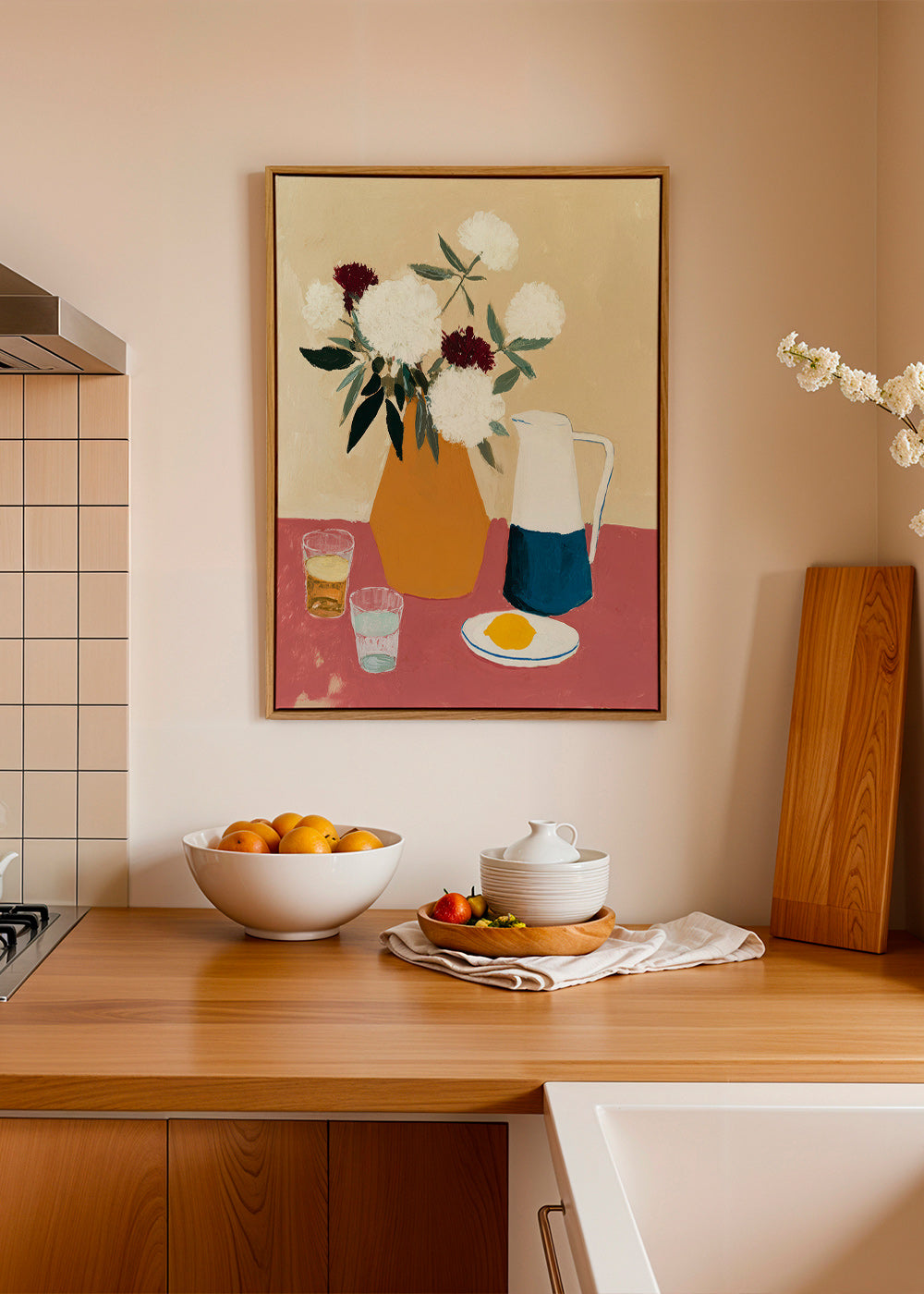 Lámina botánica con jarrón y flores blancas – Canvas2