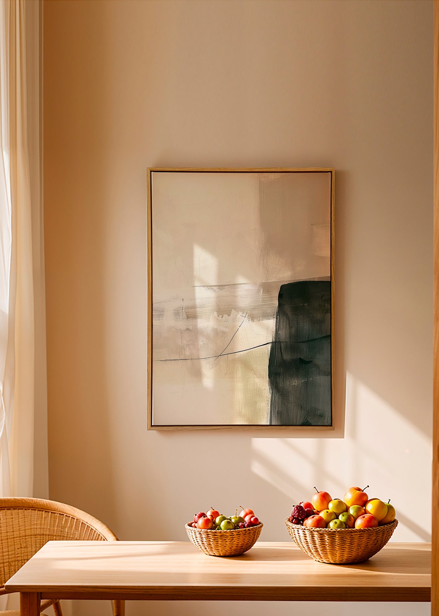 Cuadro abstracto con bloque oscuro y trazos suaves – Canvas2