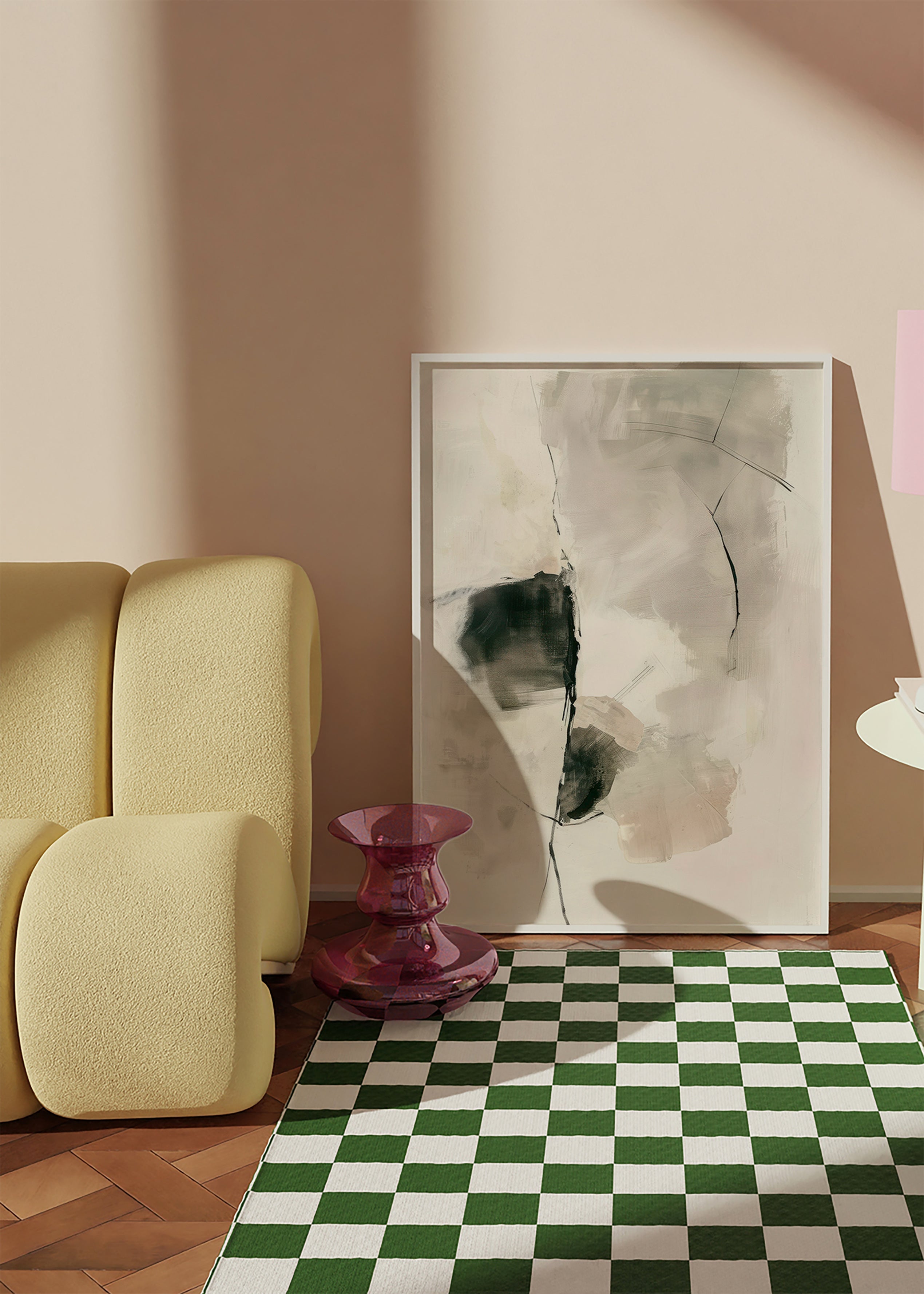 Cuadro abstracto de trazos neutros y manchas verticales – Product2