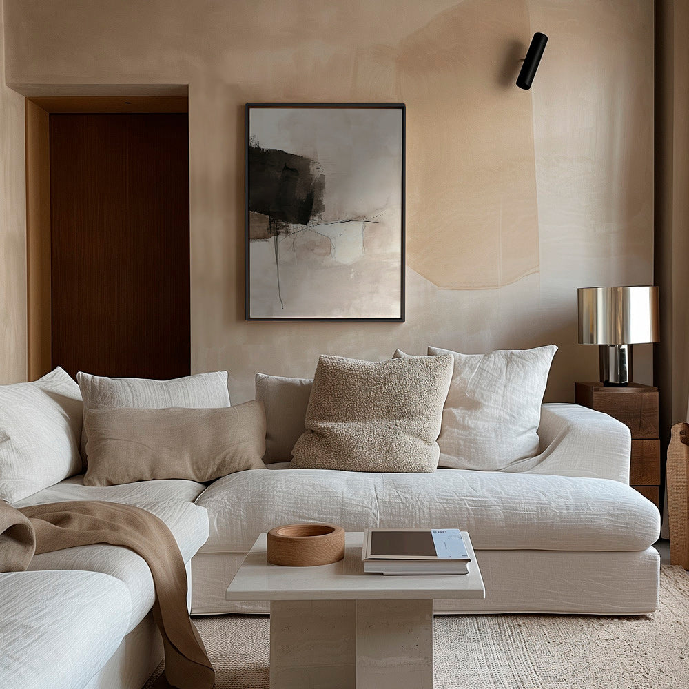 Cuadro abstracto con mancha negra y líneas sutiles – Canvas2