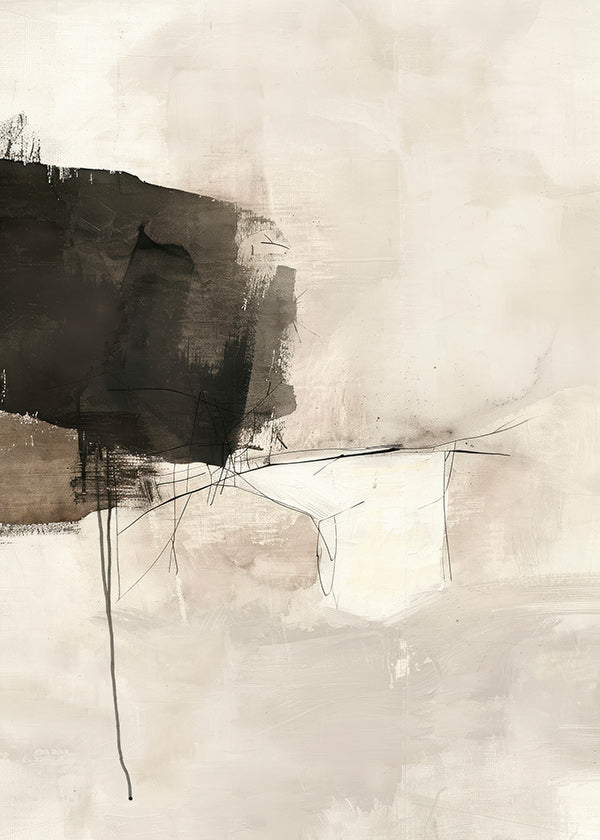 Cuadro abstracto con mancha negra y líneas sutiles
