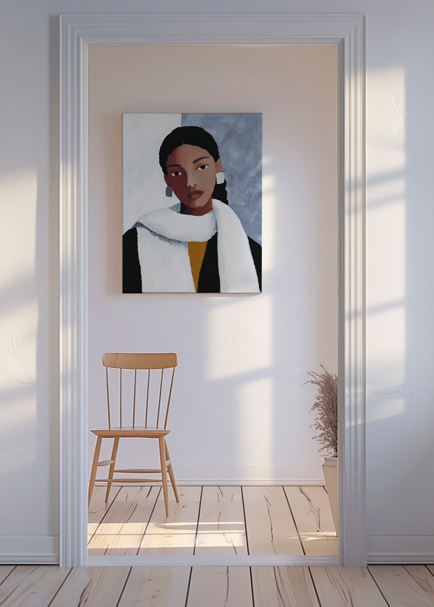 Ilustración de retrato femenino con bufanda blanca – Canvas