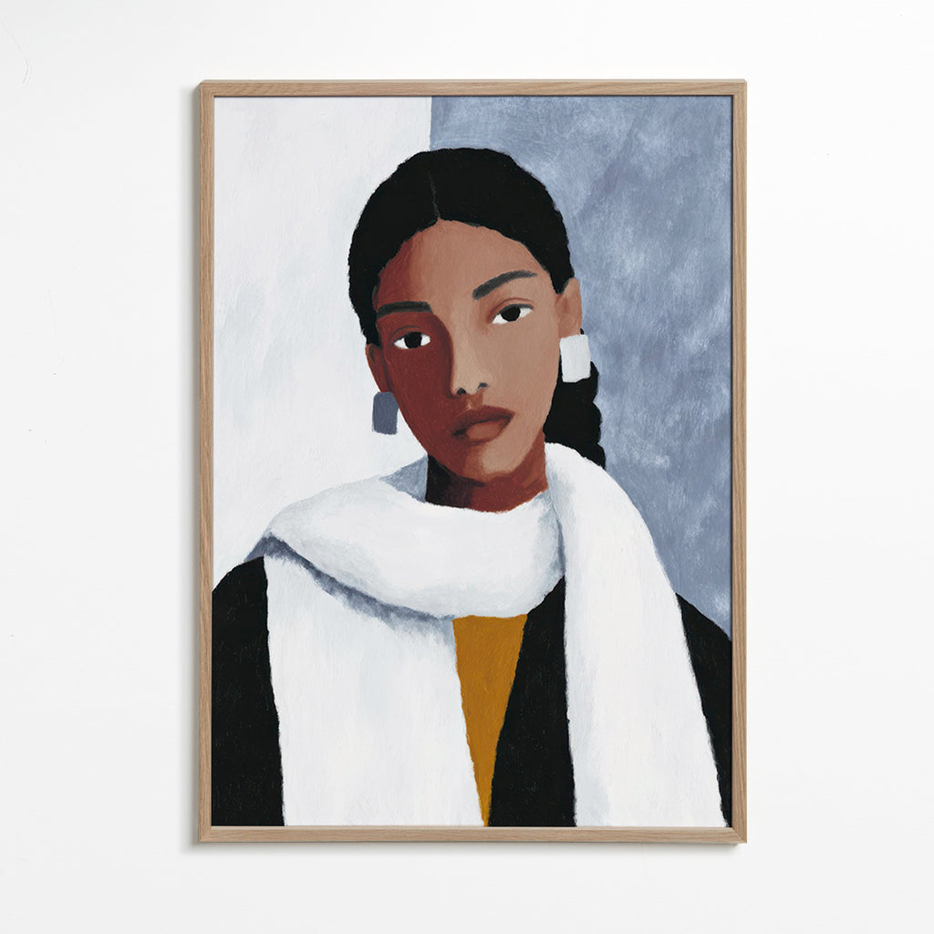 Ilustración de retrato femenino con bufanda blanca – Oak Frame