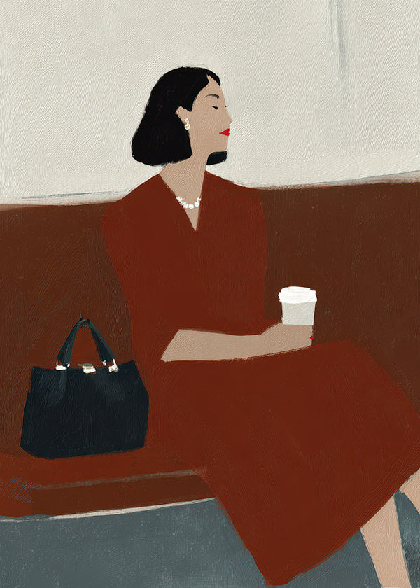 Cuadro de cocina: mujer con café y bolso