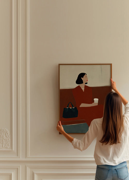 Cuadro de cocina: mujer con café y bolso – Product1