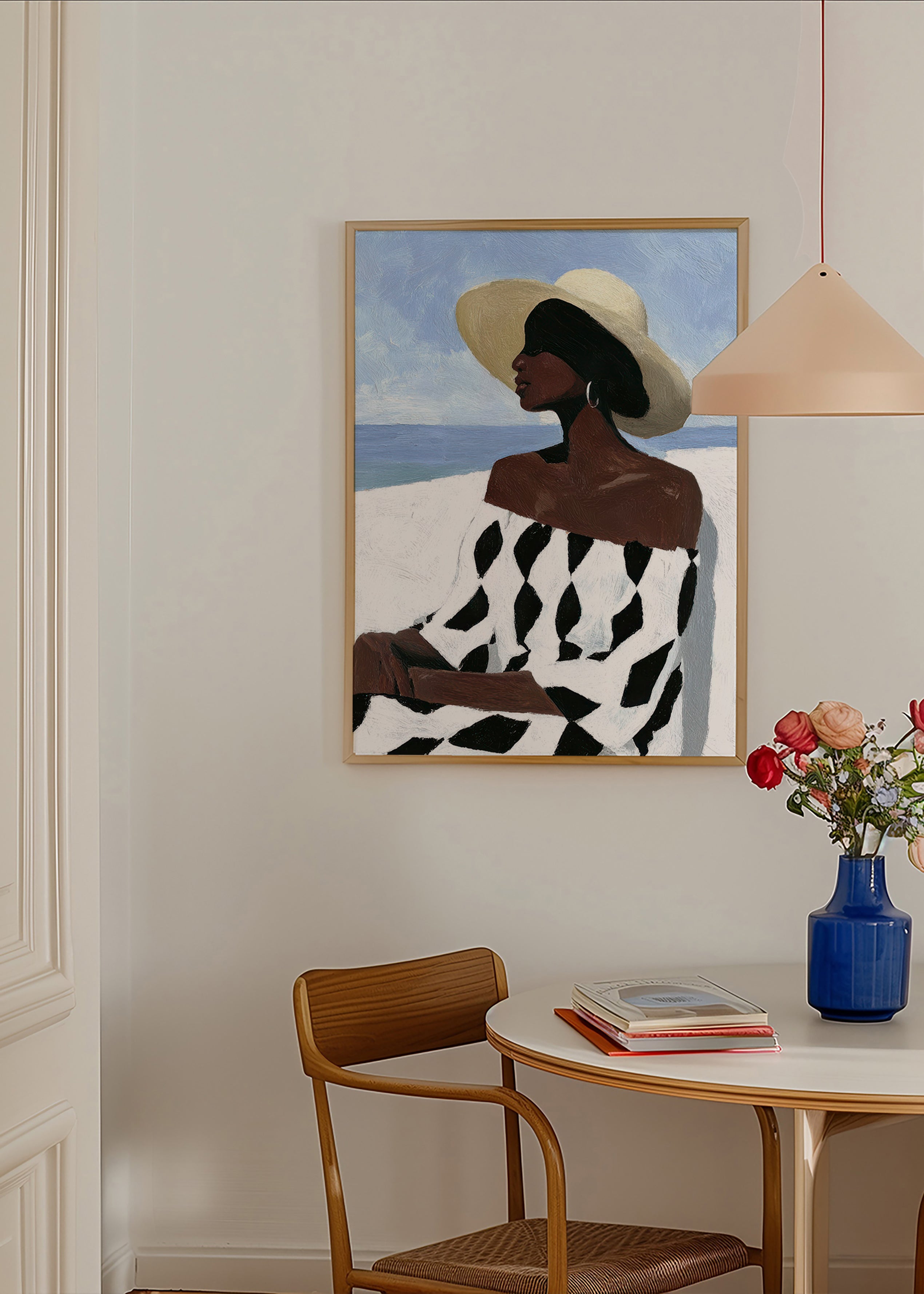 Ilustración de mujer junto al mar con vestido geométrico – Product3