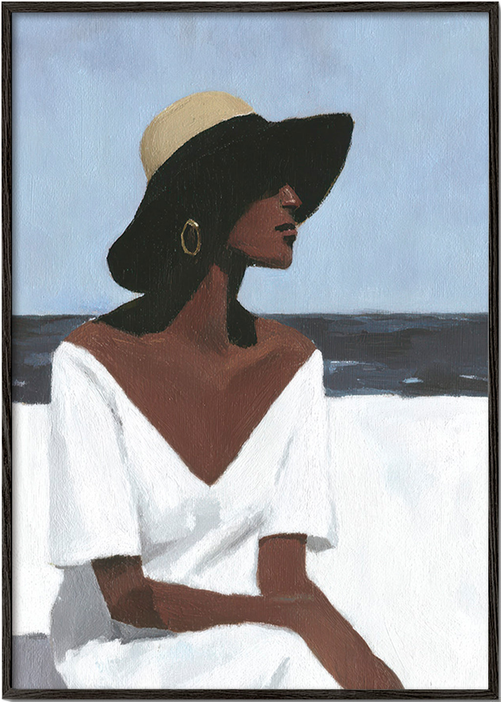 Cuadro de paisaje con figura femenina y sombrero – Black Frame