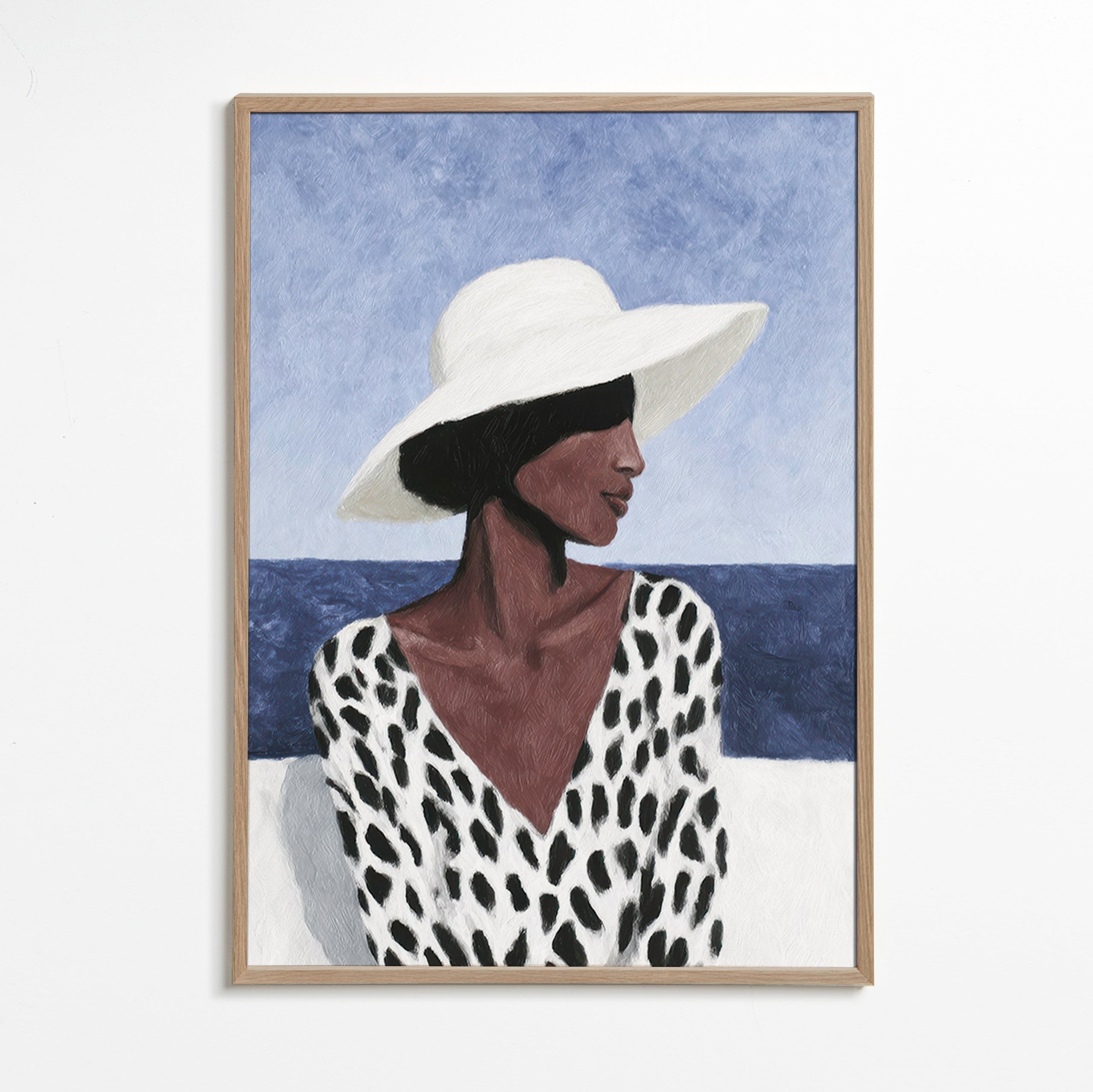 Ilustración de mujer con sombrero y mar – Oak Frame