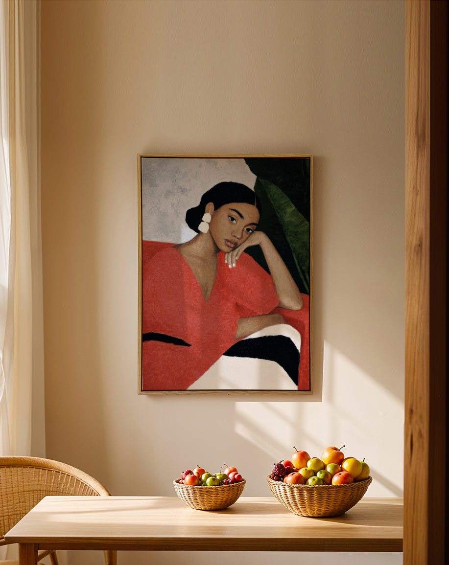 Red Dress Reflection - Framed canvas in an interior