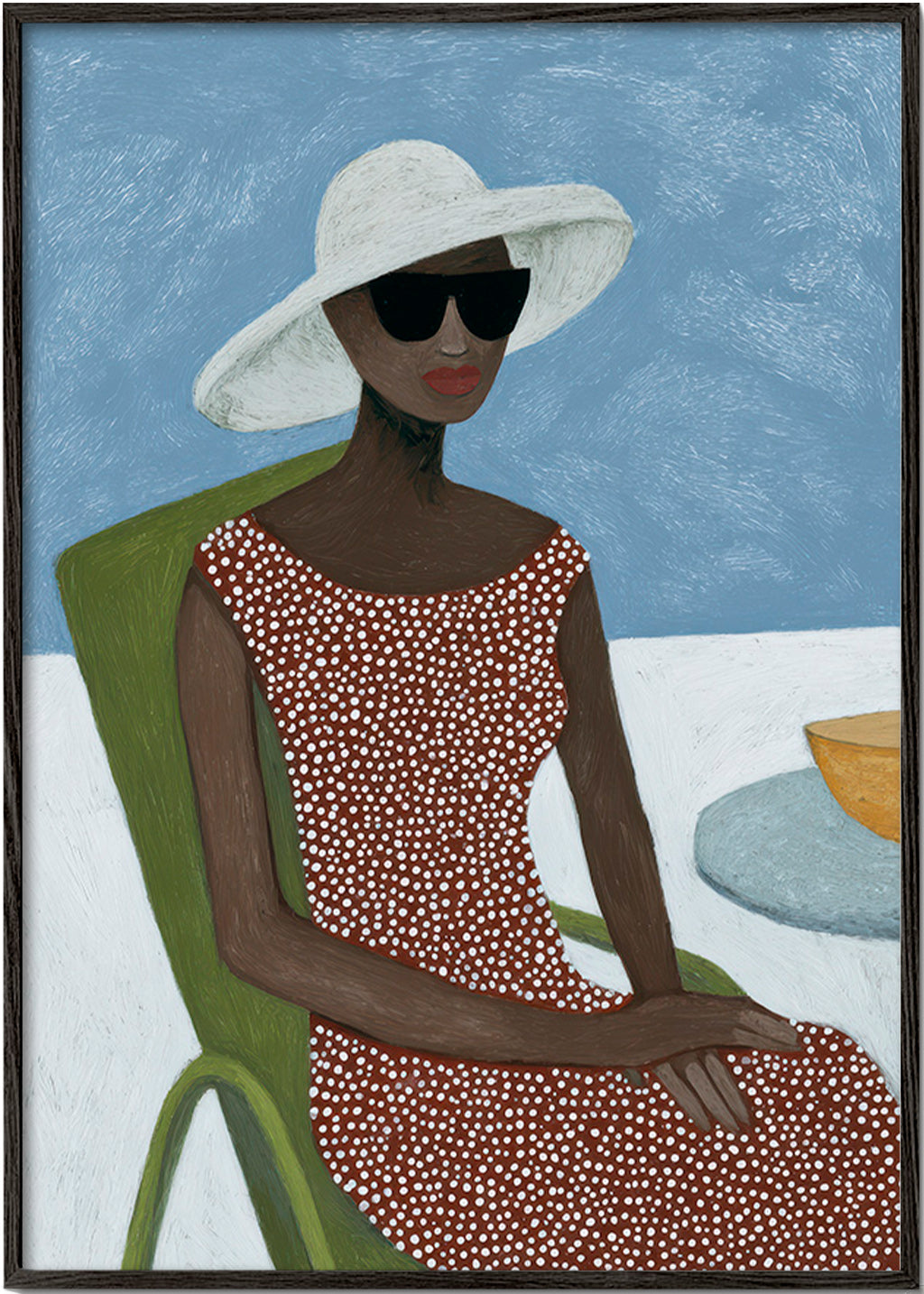 Ilustración femenina con sombrero y silla verde – Black Frame