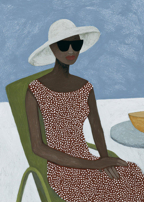 Ilustración femenina con sombrero y silla verde