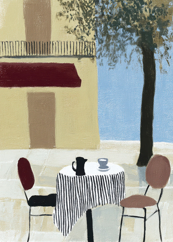 Cuadro de cocina con terraza y mesa bajo toldo