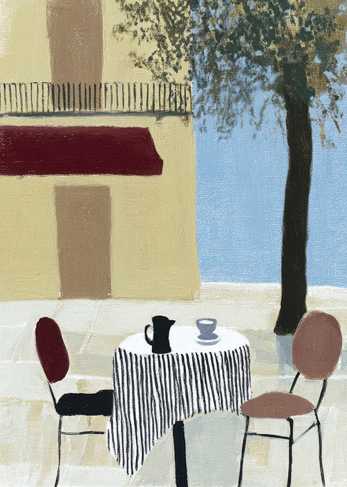 Cuadro de cocina con terraza y mesa bajo toldo