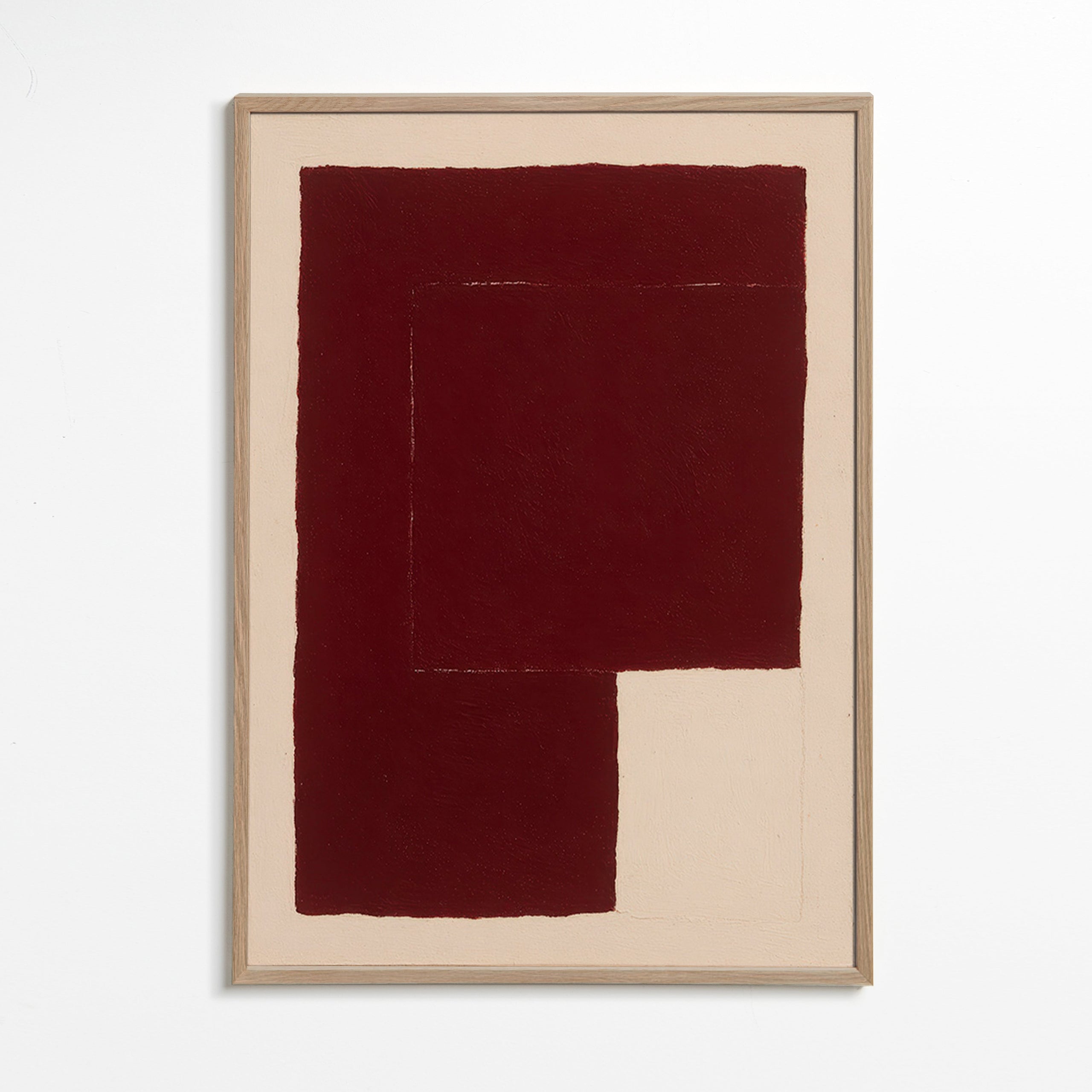 Cuadro abstracto con bloques granate – Oak Frame