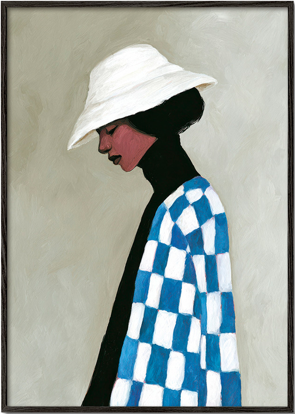 Ilustración perfil femenino con sombrero y cuadros – Black Frame