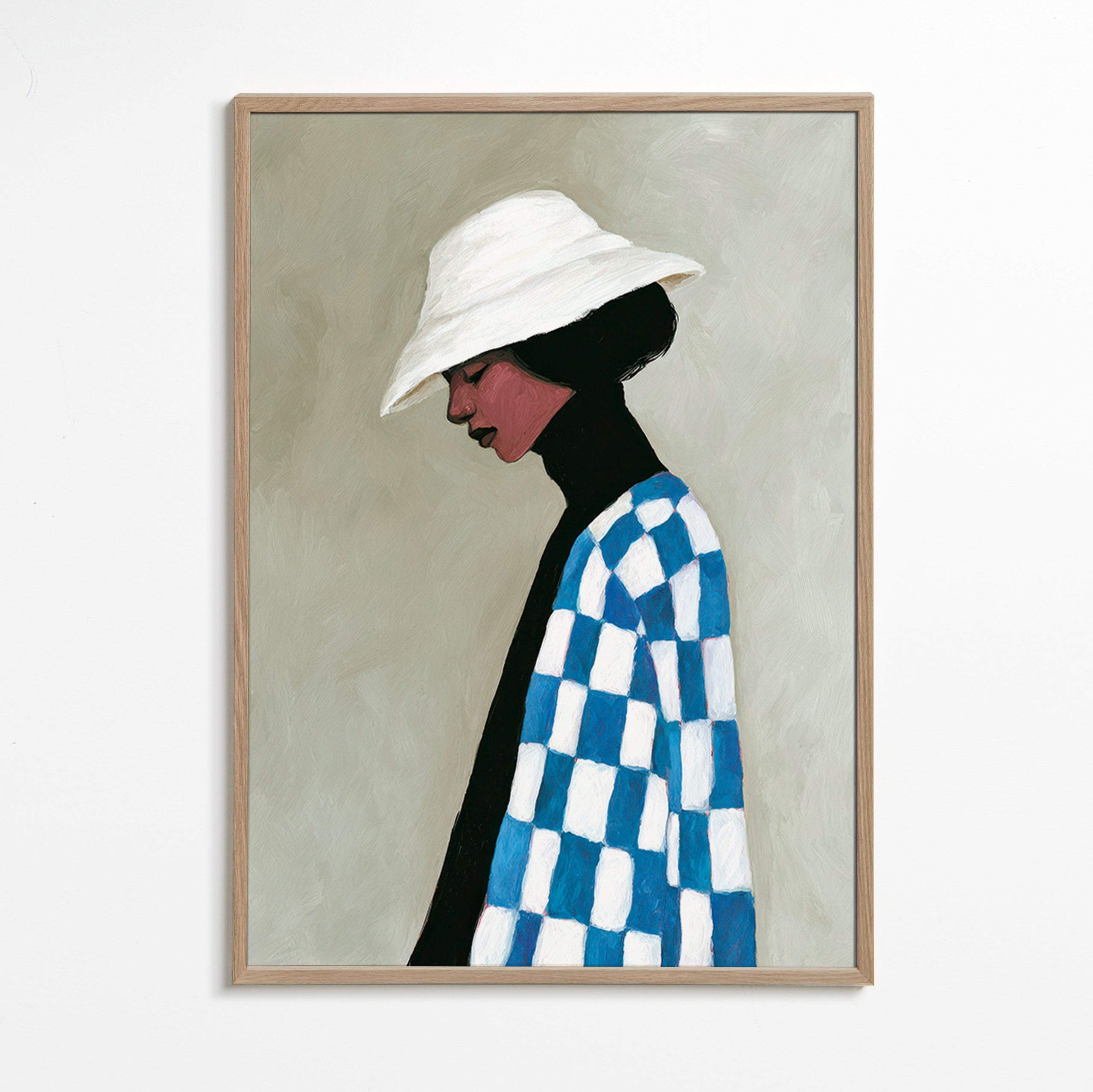 Ilustración perfil femenino con sombrero y cuadros – Oak Frame