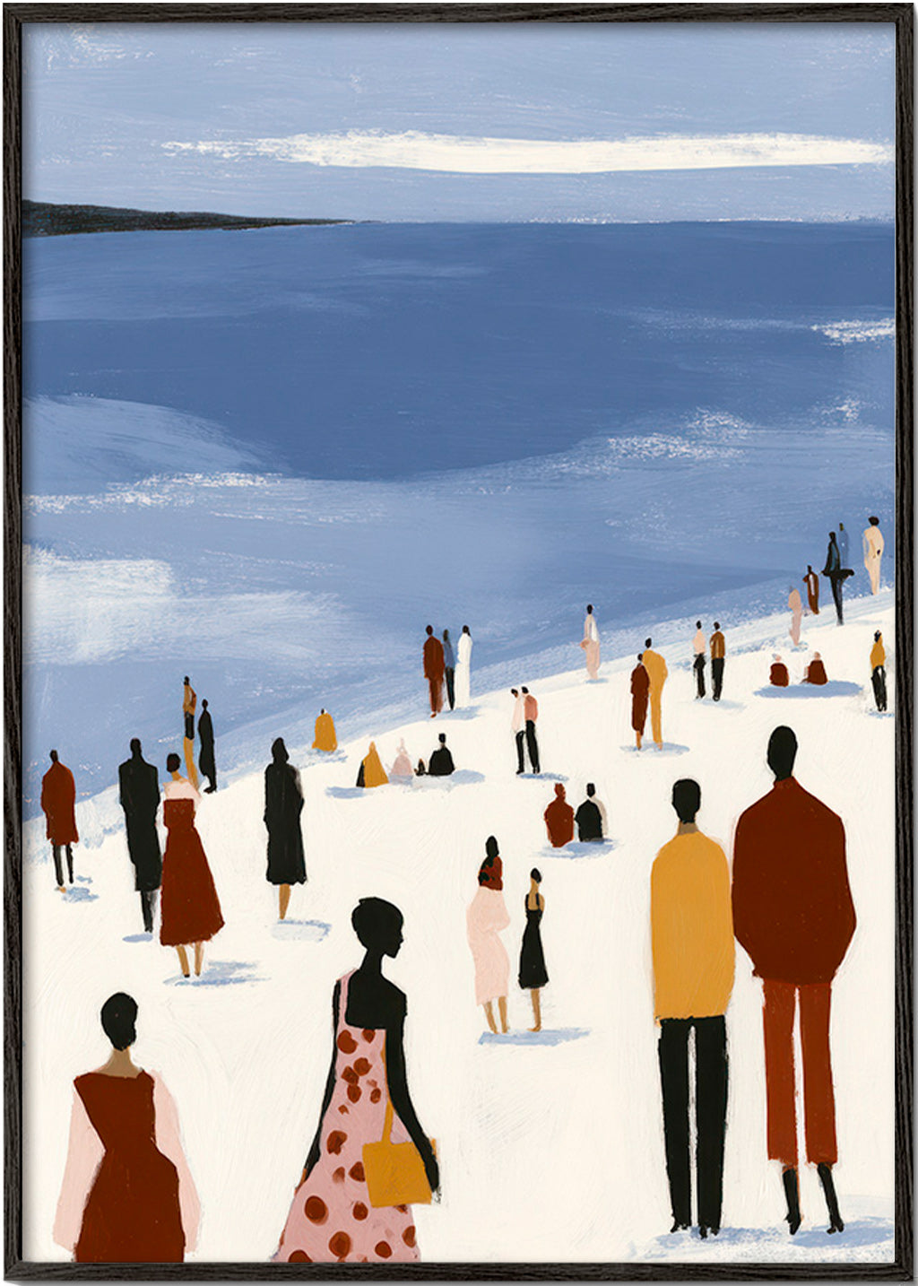 Cuadro de paisaje: playa con figuras estilizadas – Black Frame