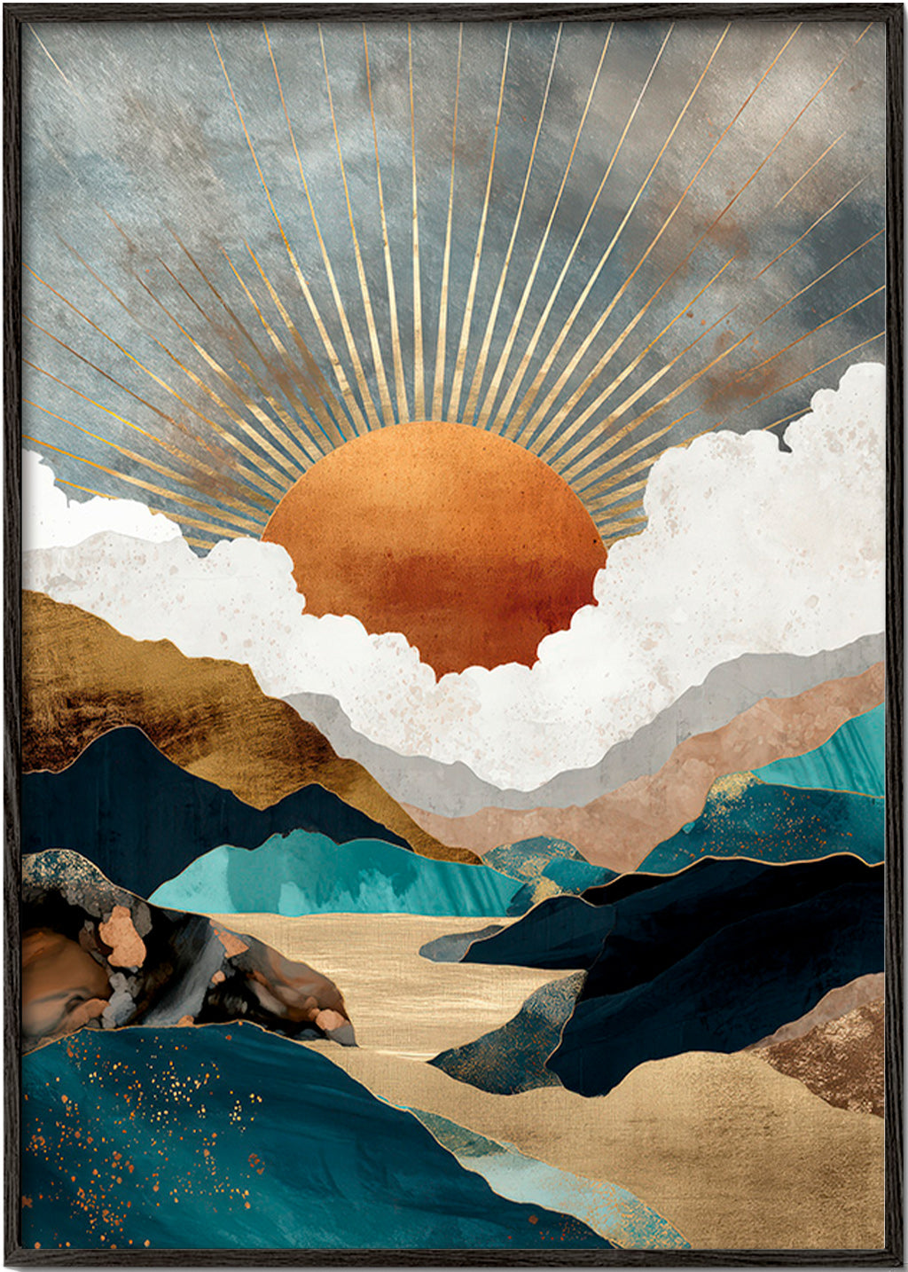 Paysage: soleil doré et montagnes abstraites