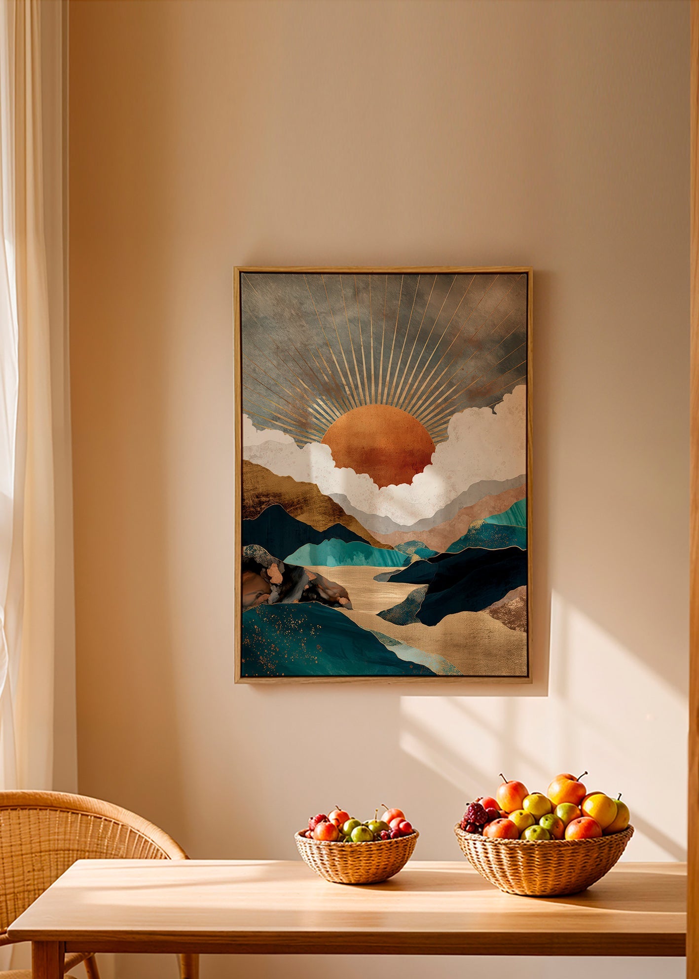 Paysage: soleil doré et montagnes abstraites