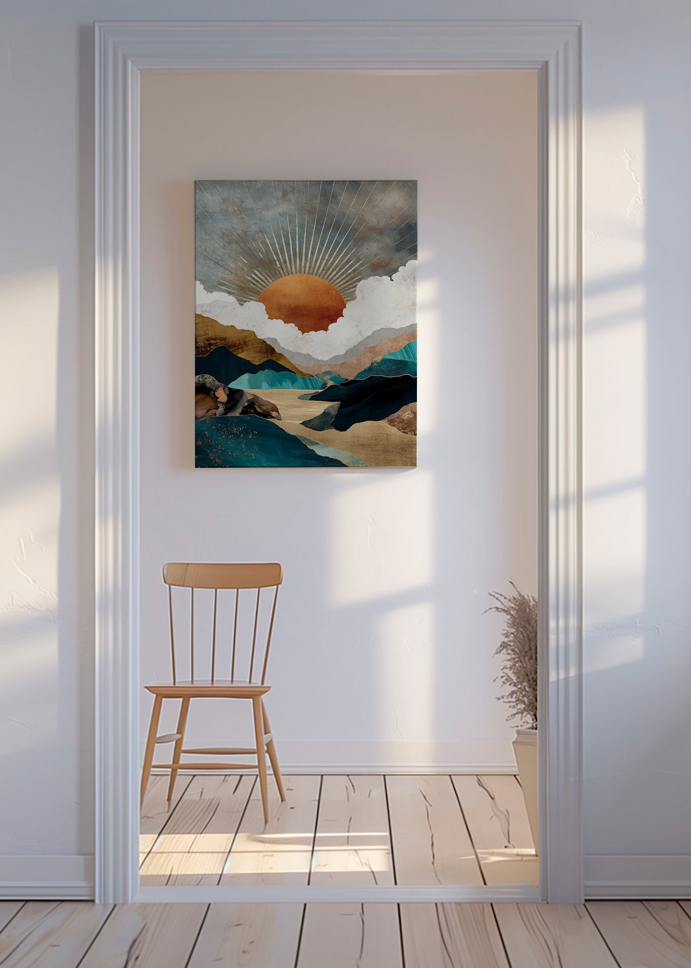 Paysage: soleil doré et montagnes abstraites