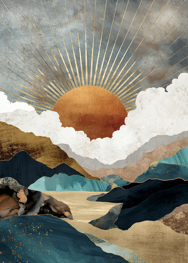 Paysage: soleil doré et montagnes abstraites