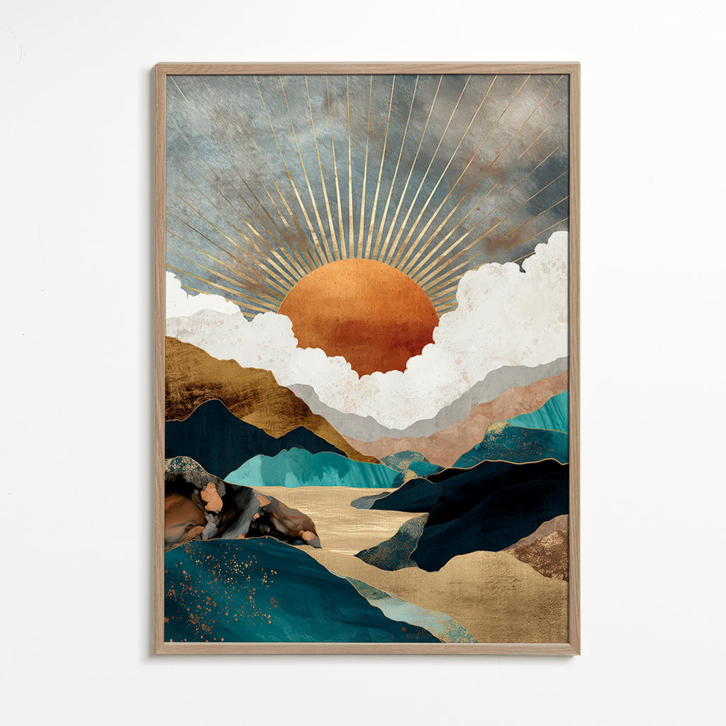 Paysage: soleil doré et montagnes abstraites