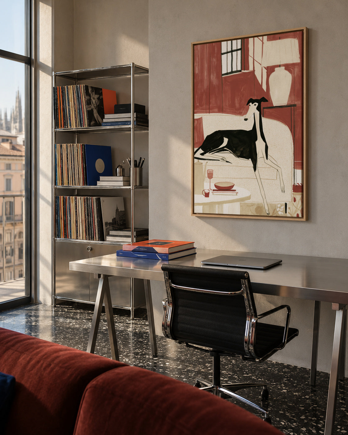 Afternoon with Whippet - Framed canvas in an interior