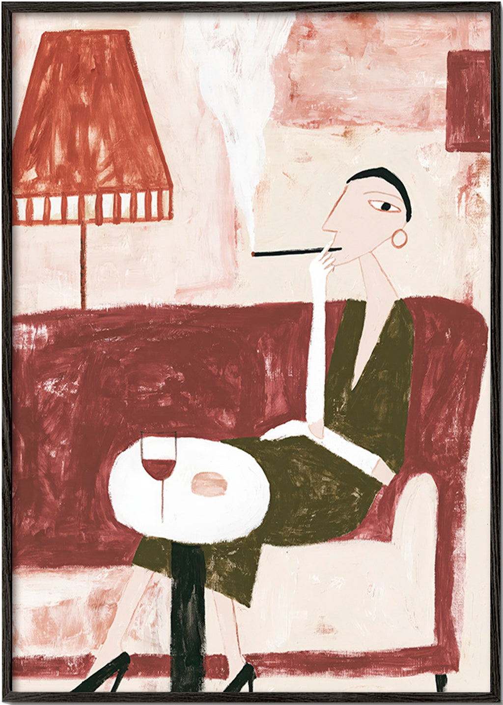 Art de cuisine avec femme assise et verre