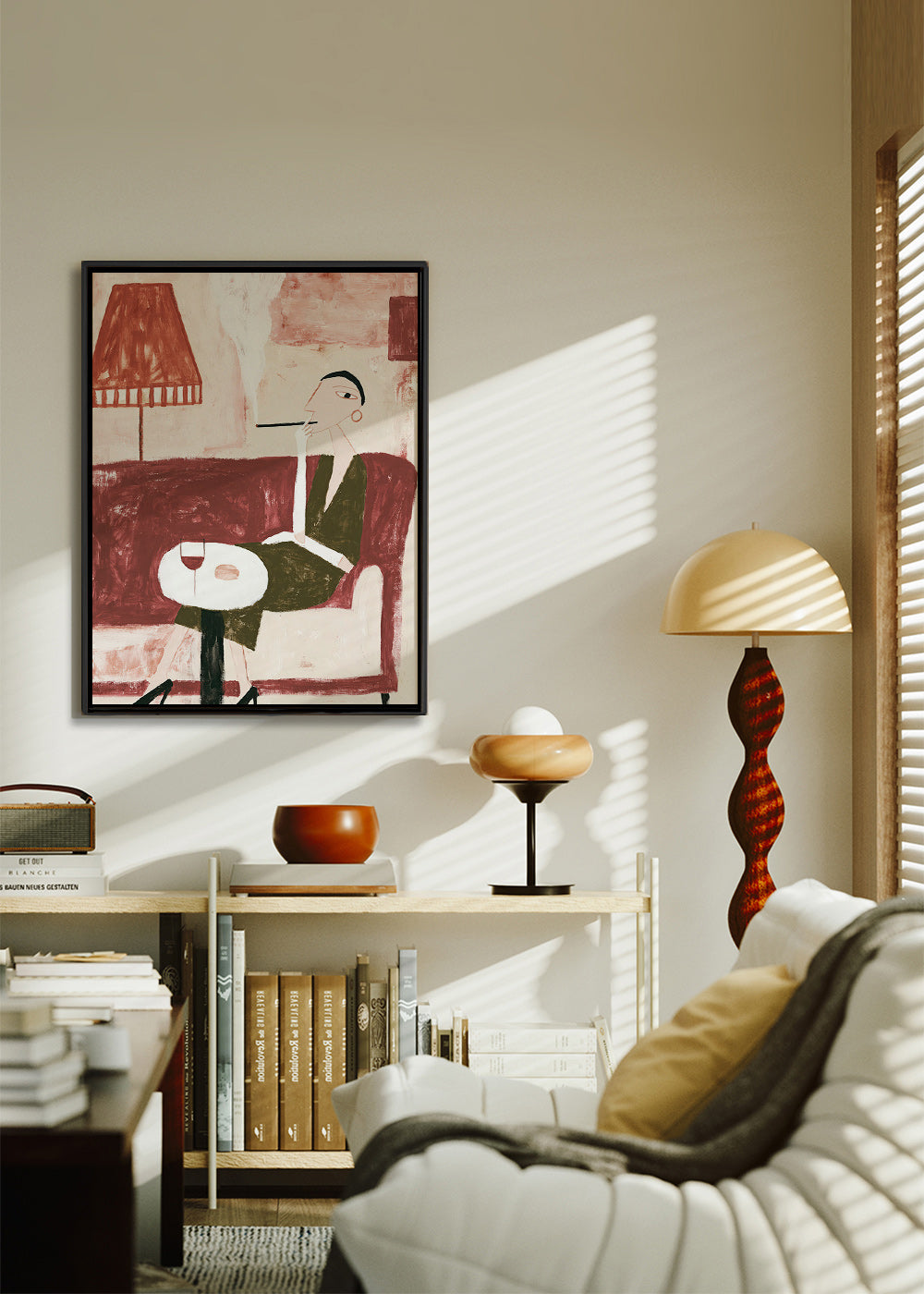 Art de cuisine avec femme assise et verre