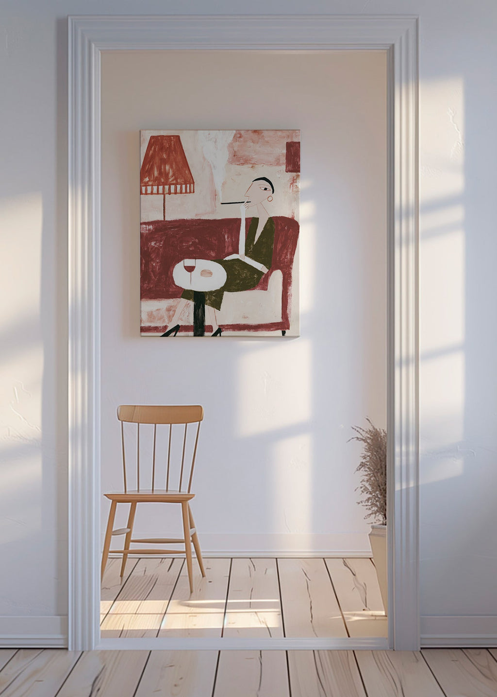 Art de cuisine avec femme assise et verre