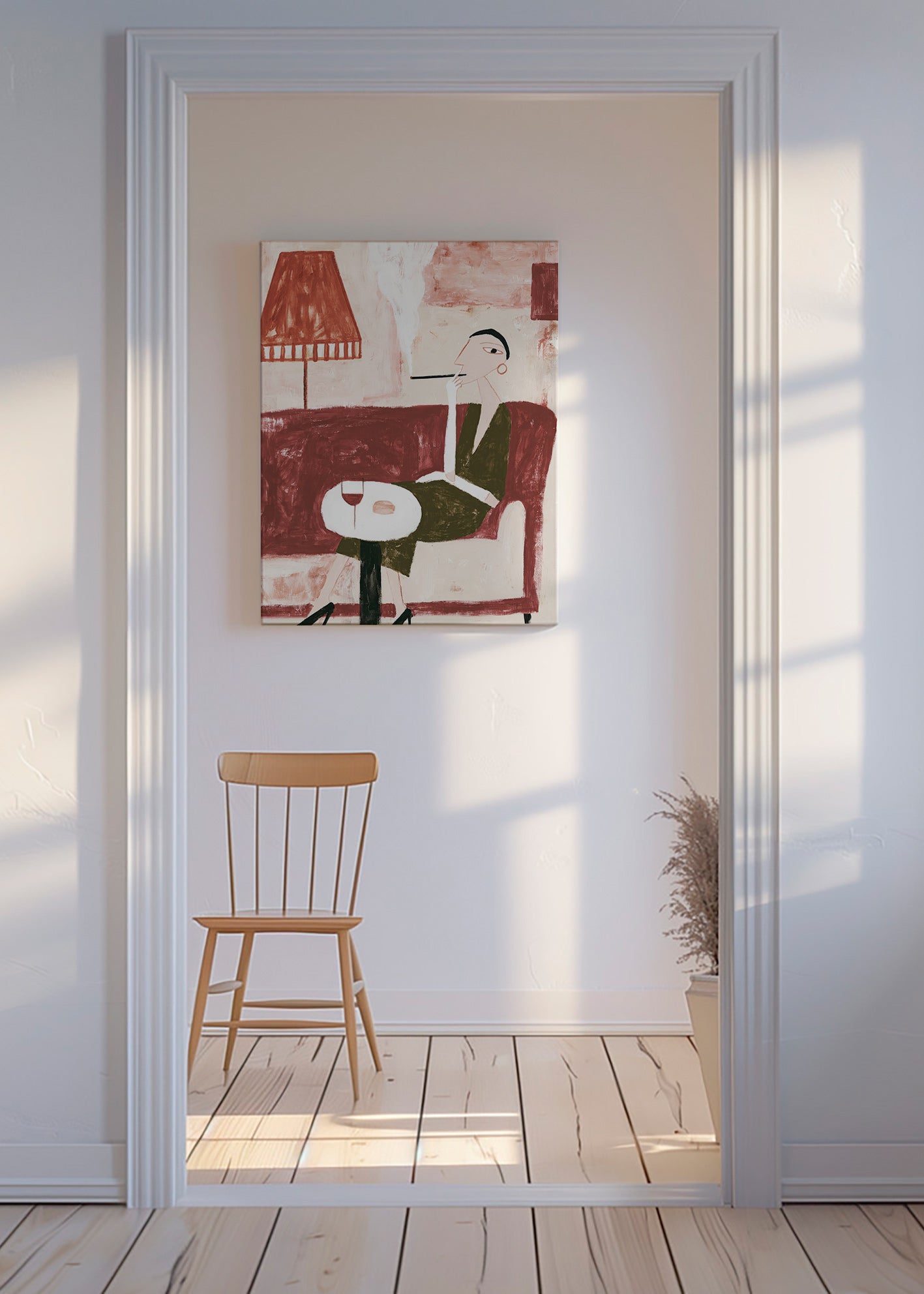 Art de cuisine avec femme assise et verre