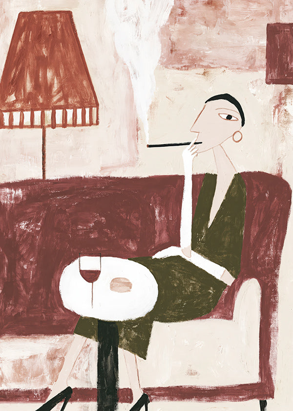 Art de cuisine avec femme assise et verre