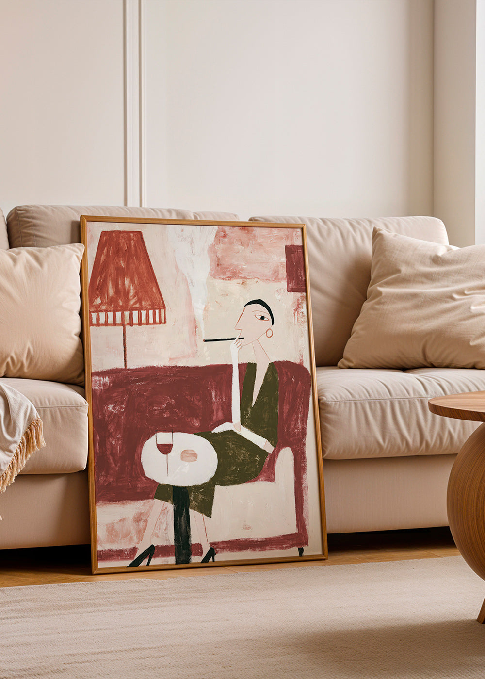 Art de cuisine avec femme assise et verre