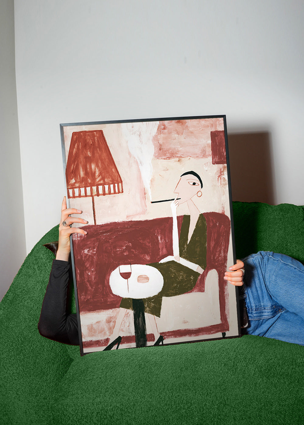 Art de cuisine avec femme assise et verre