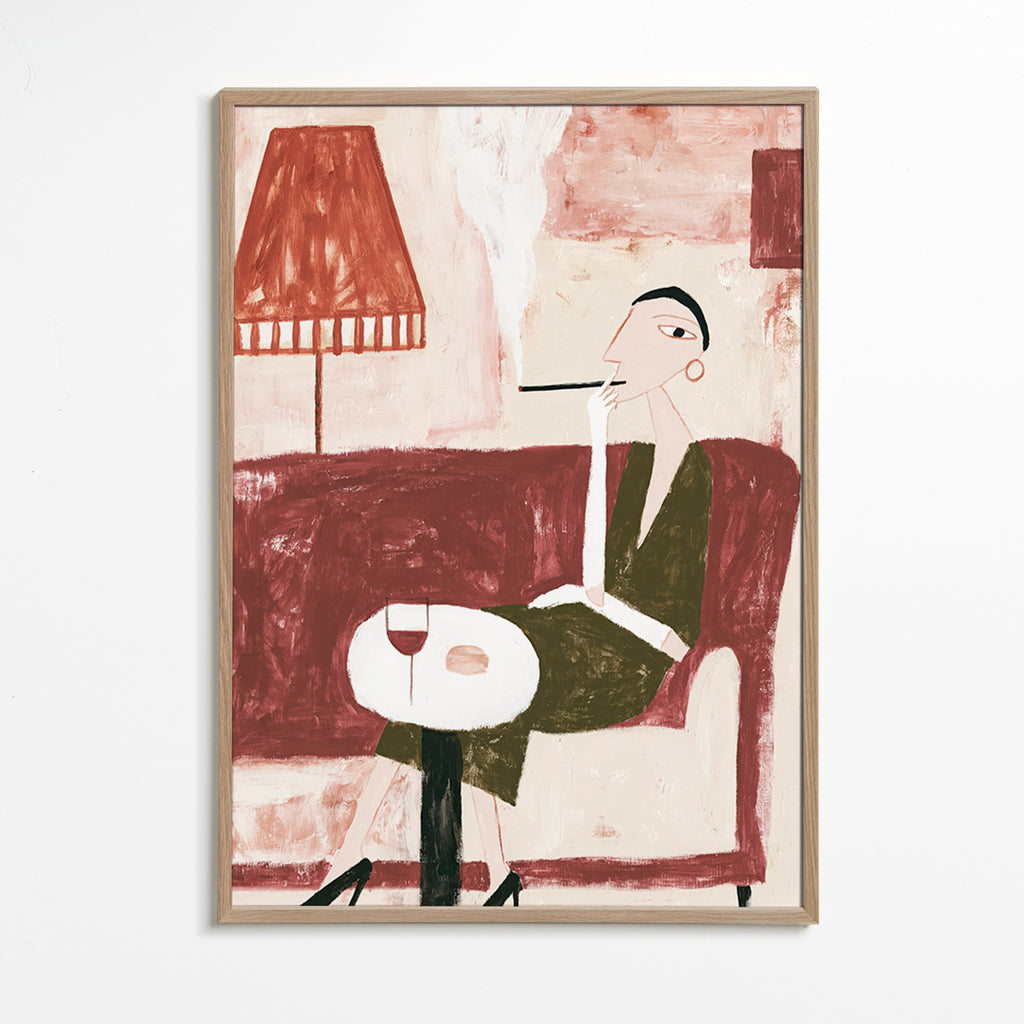 Art de cuisine avec femme assise et verre