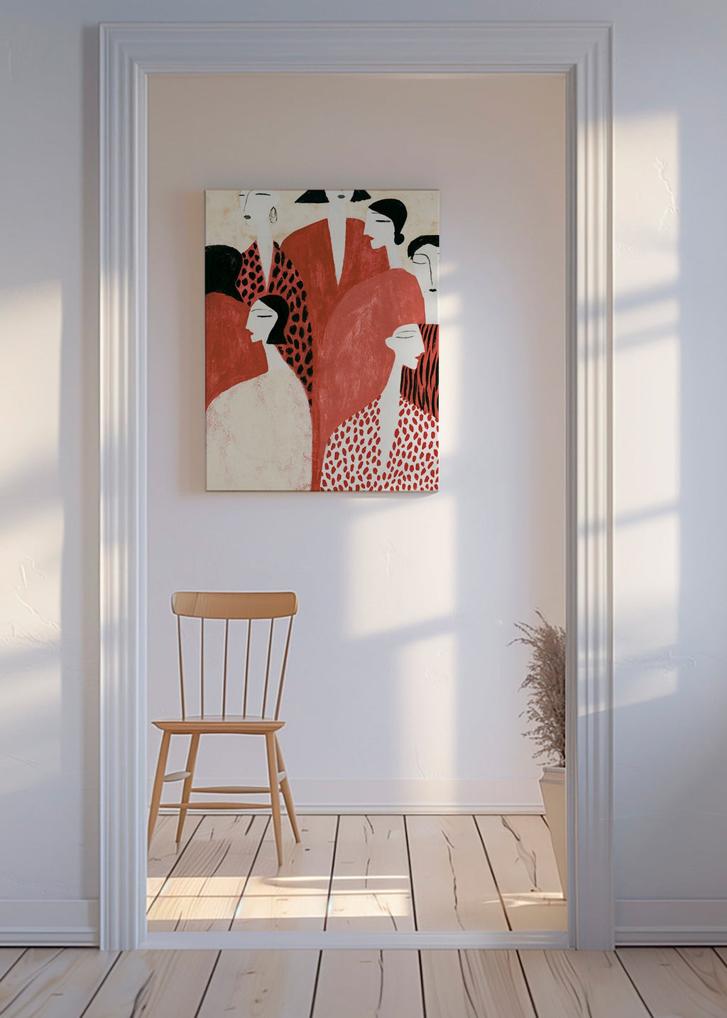 Illustration de silhouettes terracotta con motifs graphiques