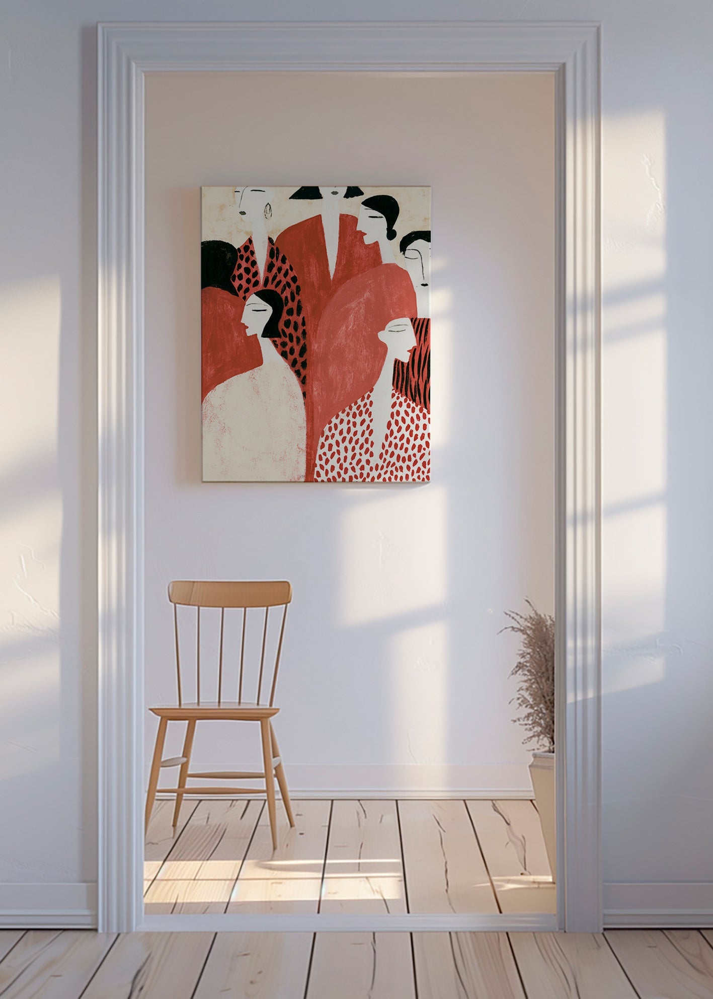 Illustration de silhouettes terracotta con motifs graphiques