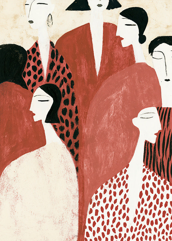 Illustration de silhouettes terracotta con motifs graphiques