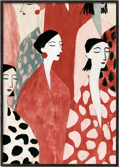 Illustration de figures féminines en rouge
