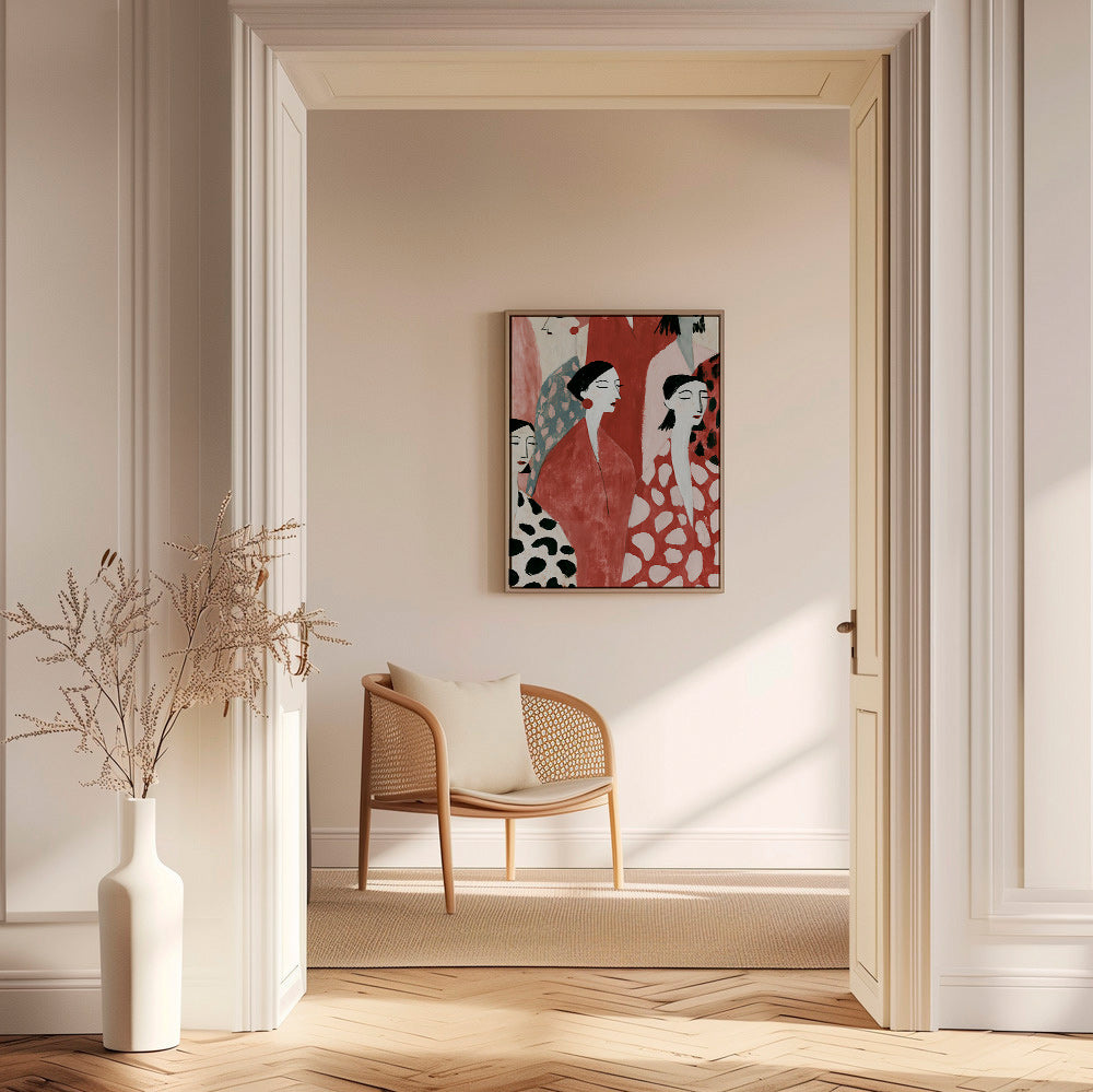 Illustration de figures féminines en rouge