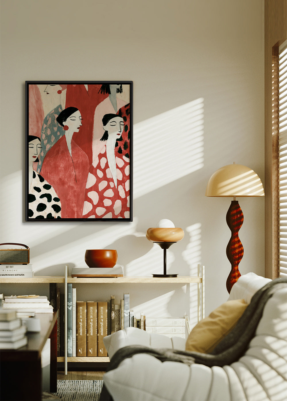 Illustration de figures féminines en rouge